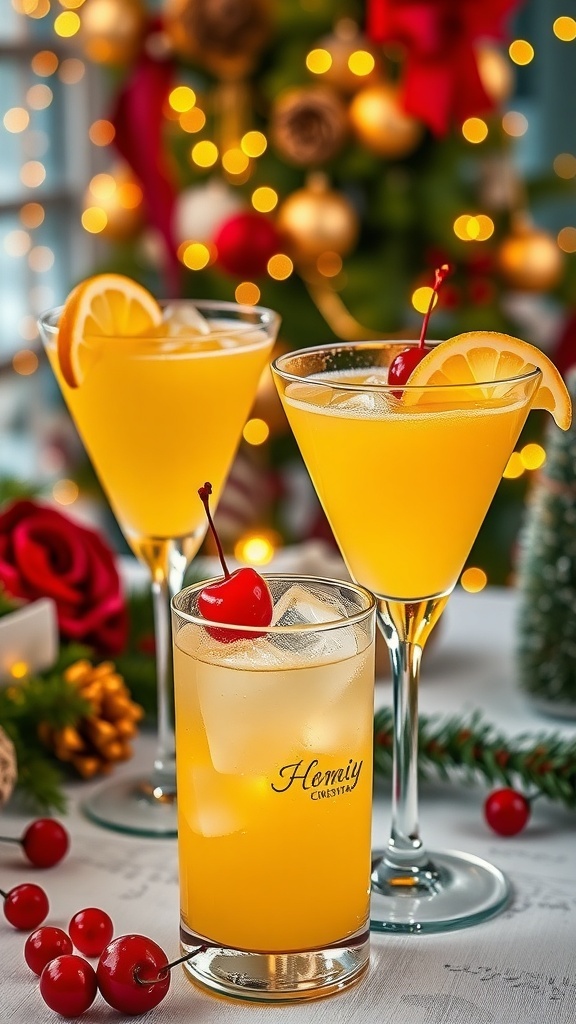Festive yellow cocktails in glasses with lemon and cherry garnish on a holiday table.